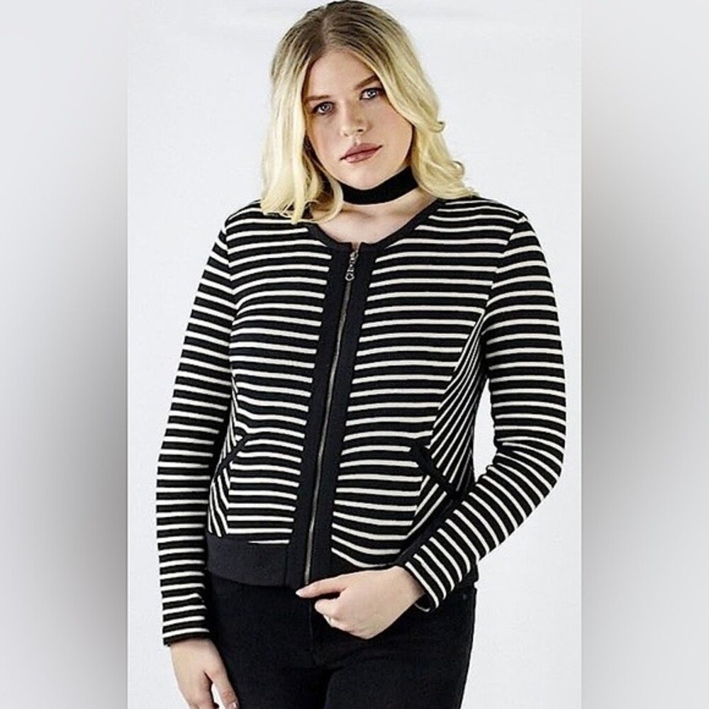 Drew Black & Ivory Striped Zip-Front Cardigan Sweater Size Small